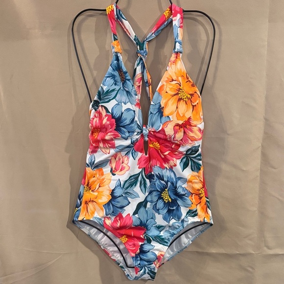 Time and Tru Blue Pink One Piece Swimwear Tropical Print - Picture 1 of 2